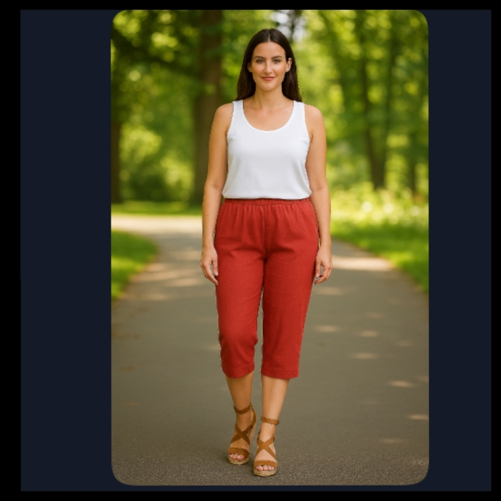 NWT Barbiecore Red Linen Blend Size 1X Wide Leg Summer Airy Capri Pants▪